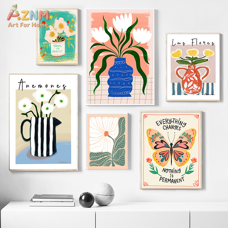 Home Decor Vase With Flowers - AZNM Boho Floral Canvas Wall Art