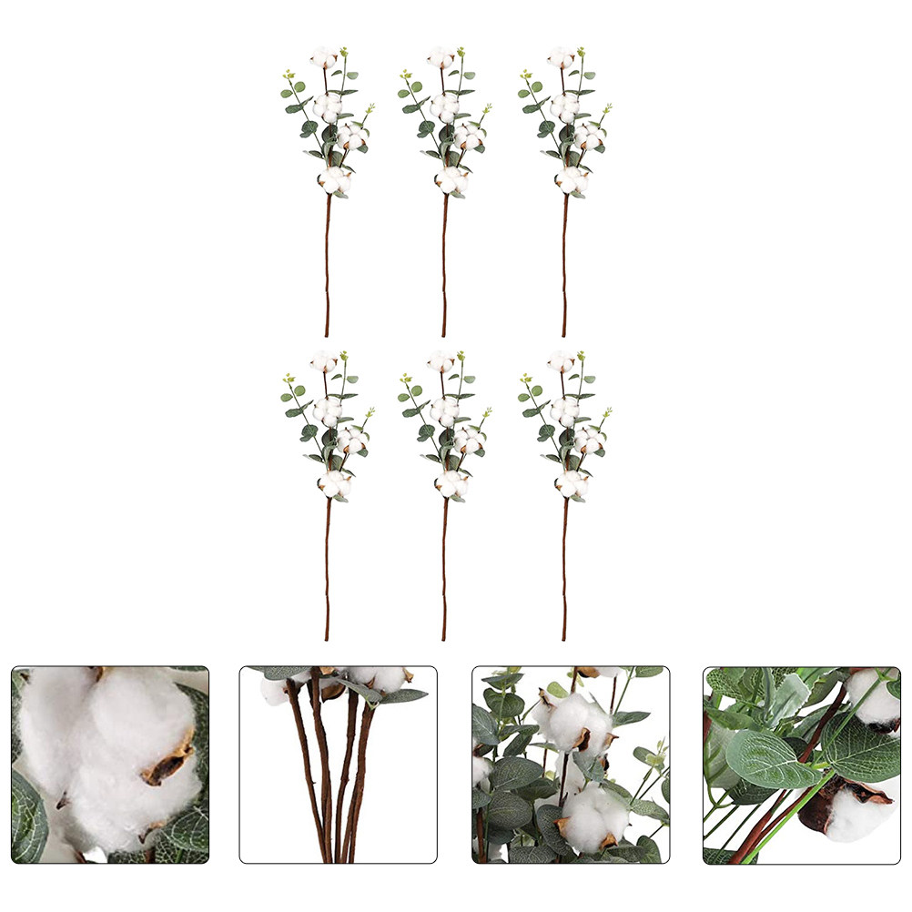 Home Decor Vase With Flowers - 6Pcs Artificial Cotton Plants Set Realistic